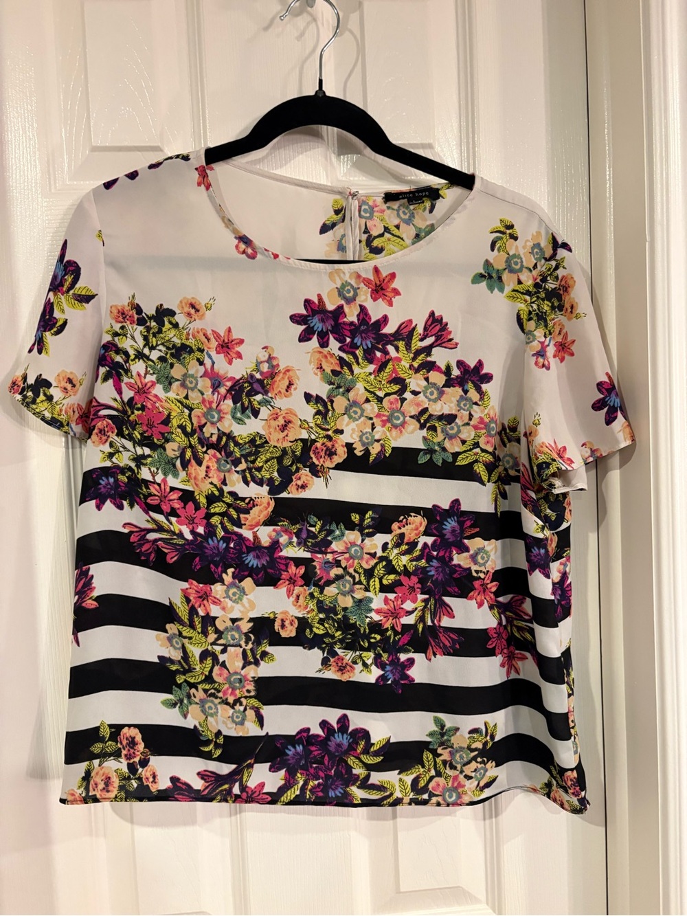 Floral Stripe Short Sleeve Top - White/Black with Multicolor Flowers